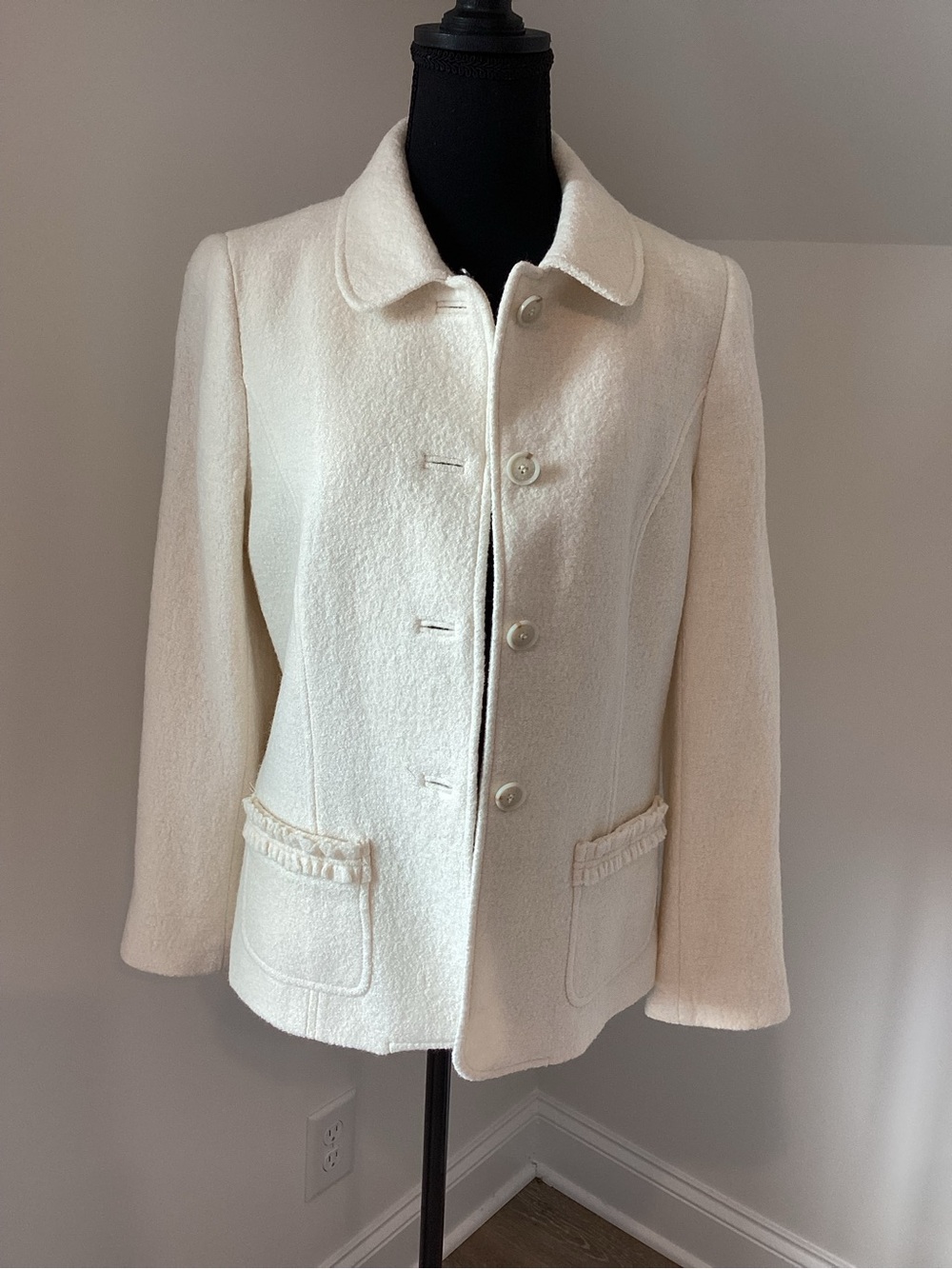 Talbots Petite Size 10P Ivory Wool Jacket Old Money Quiet Luxury Ruffle Jacket